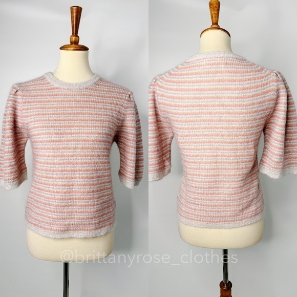 BA&SH Simael Striped Mohair Blend Short Sleeve Pullover Sweater in Rose - Picture 3 of 8